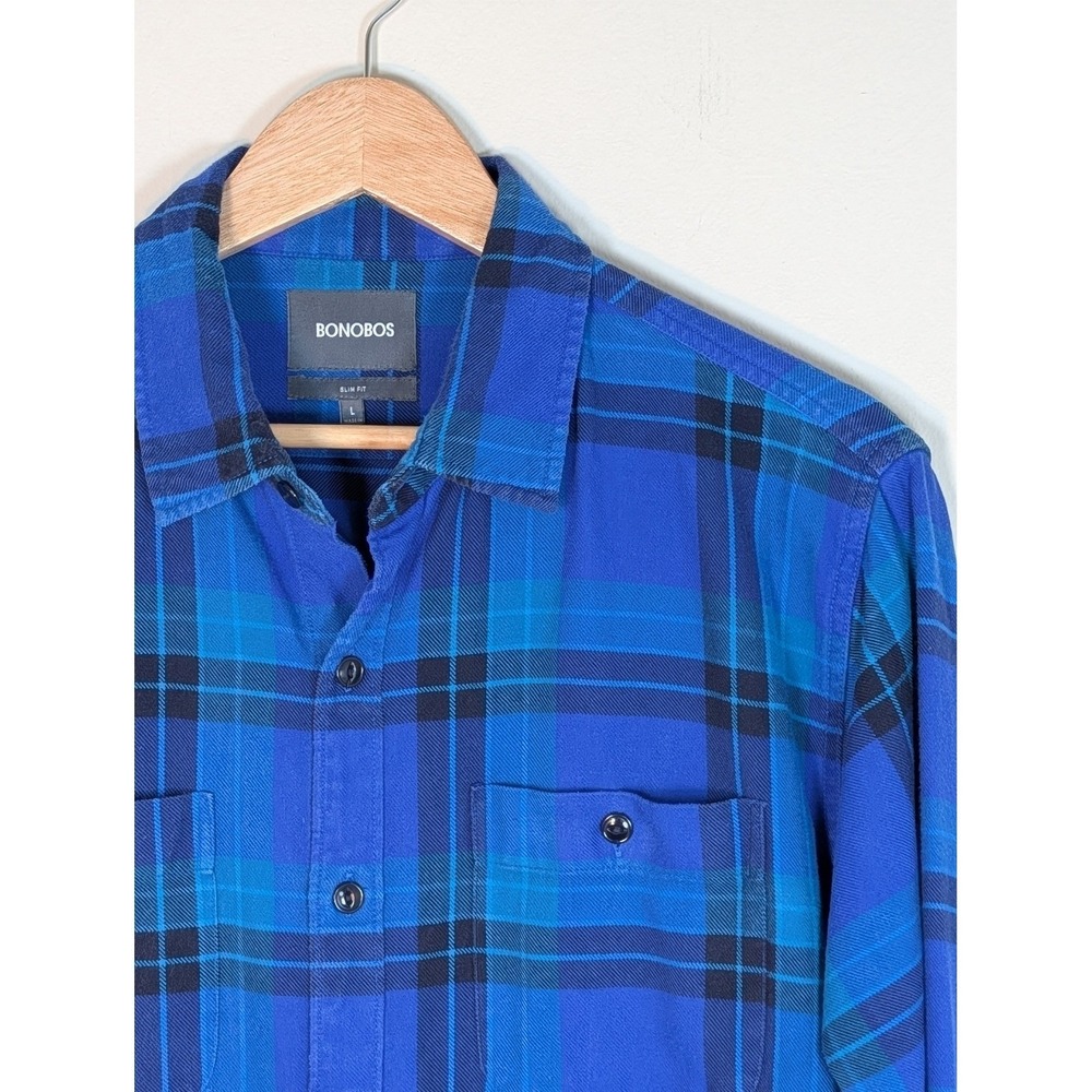 Bonobos Slim Fit Flannel Shirt Mens Large Blue Plaid Long Sleeve Button Down